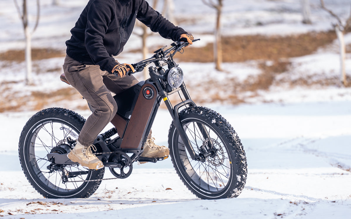 A person rides a green electric bike with fat tires through a snowy park, wearing a helmet and winter gear.