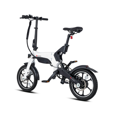 White and black 16-inch folding electric commuter bike.