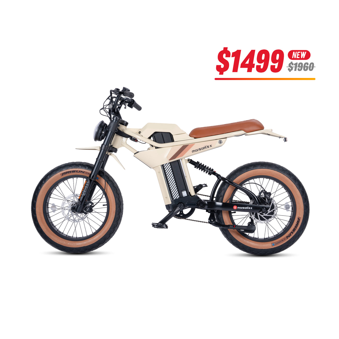 Marsant's x Ant6 fat tire electric bike, off-white with brown seat.