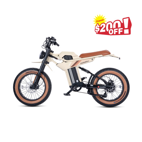 Marsant's x Ant6 fat tire electric bike, off-white with brown seat.