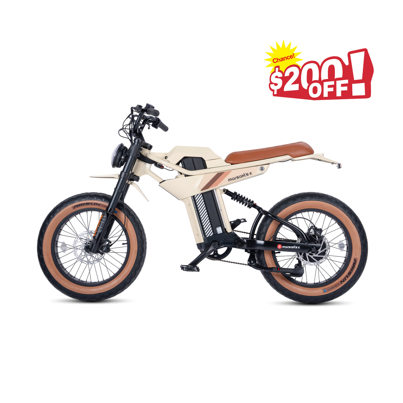Marsant's x Ant6 fat tire electric bike, off-white with brown seat.