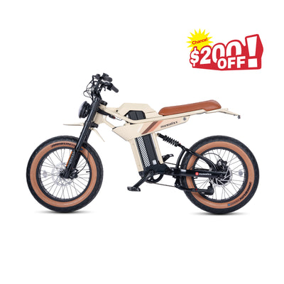 Marsant's x Ant6 fat tire electric bike, off-white with brown seat.
