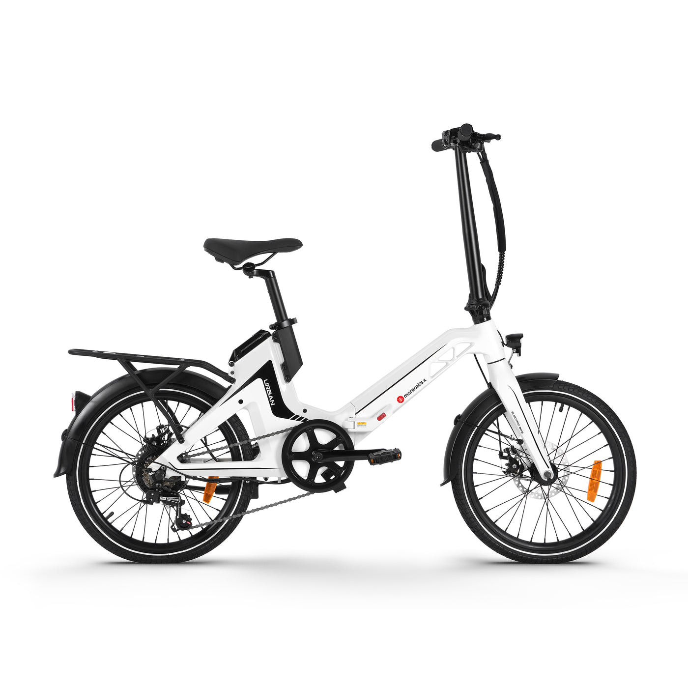 White 20 inch foldable commuter ebike, for urban commute.