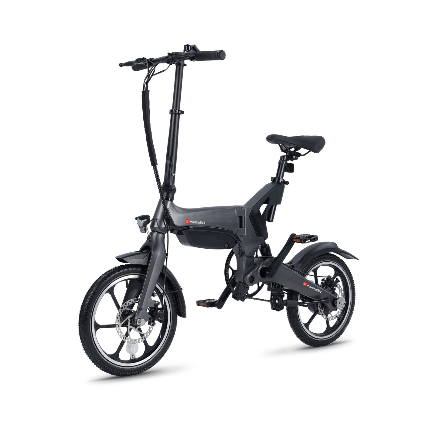 Gray 16-inch folding electric commuter bike by Marsant's x.