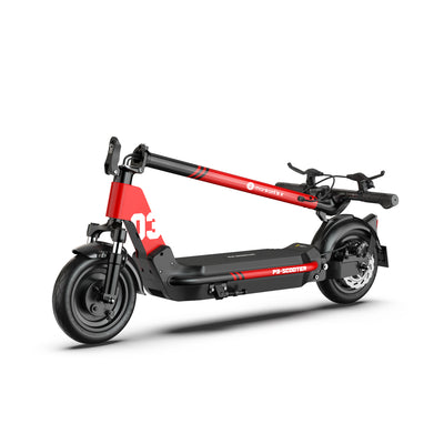 Foldable electric scooter, red and black color, city commute folding.